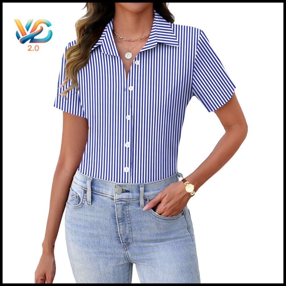 Short Sleeve Button Down Blouse, Business Casual Work Shirt, Polyester